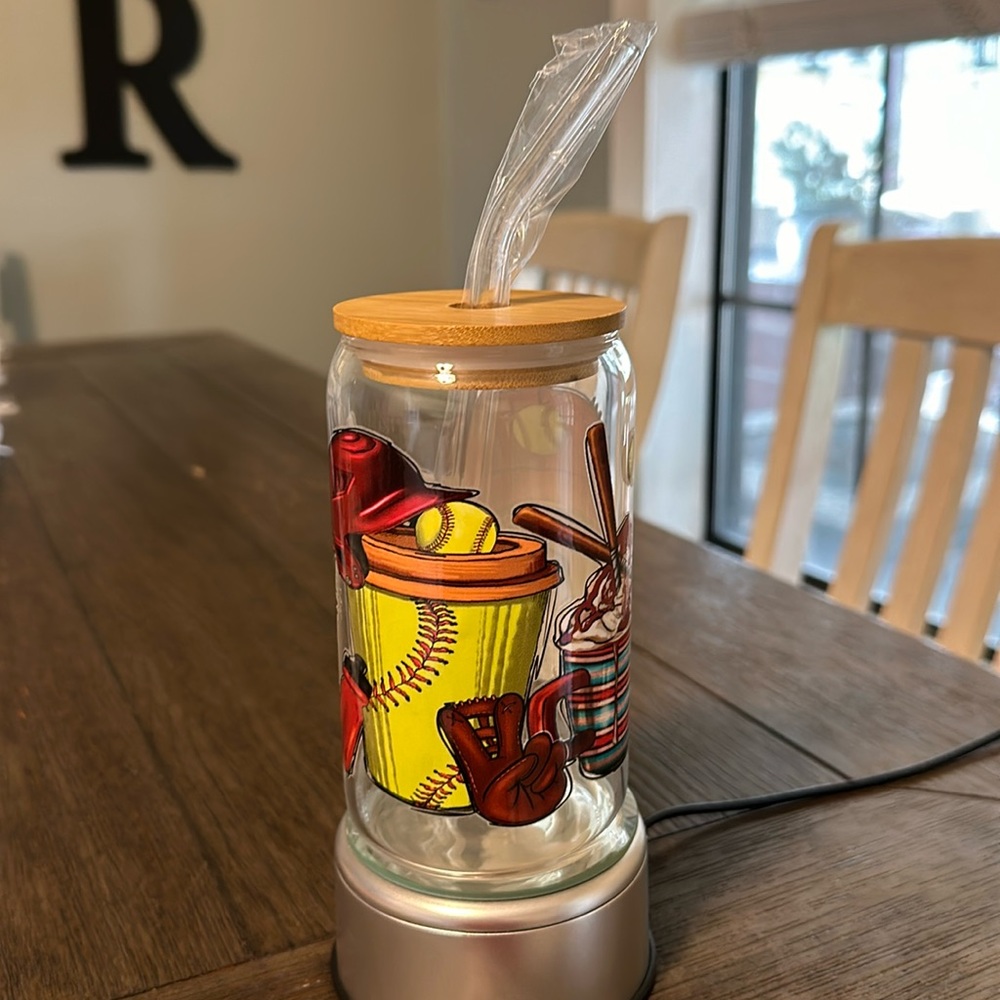 NEW - UV DTF Softball design 16oz can shaped glass cup .
